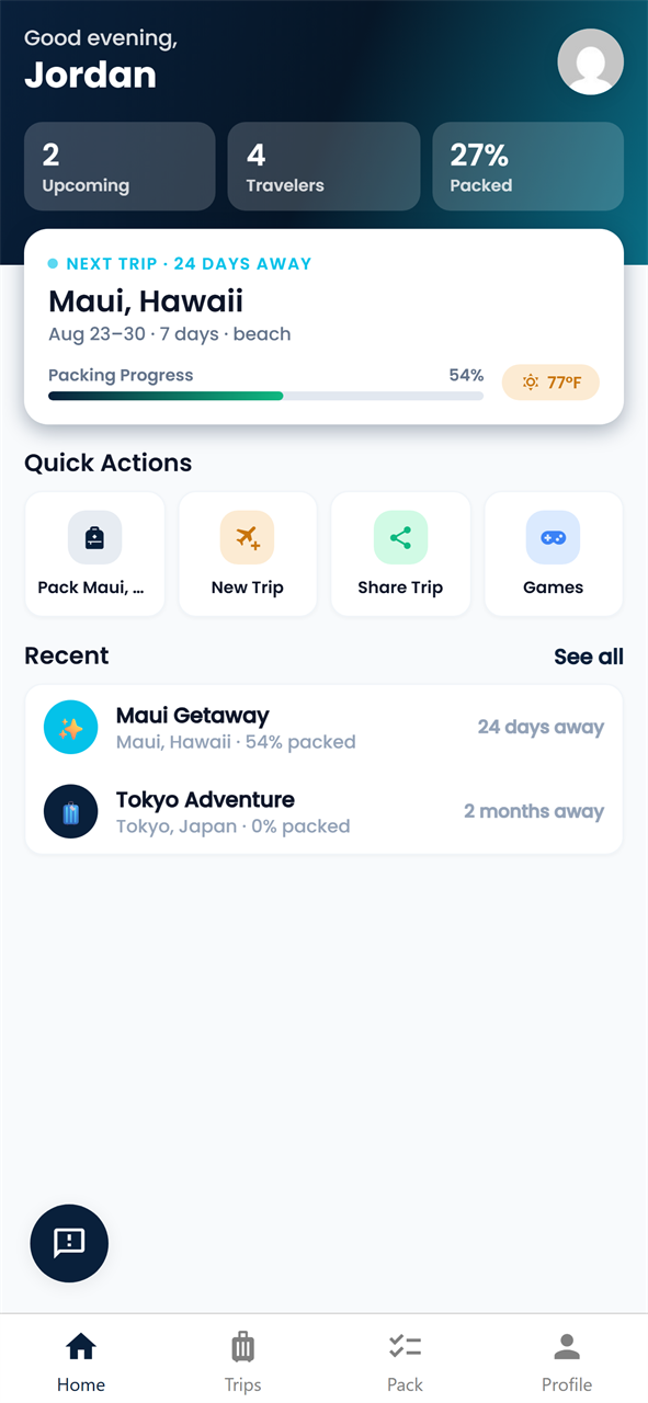 PackLyst home screen with upcoming trips