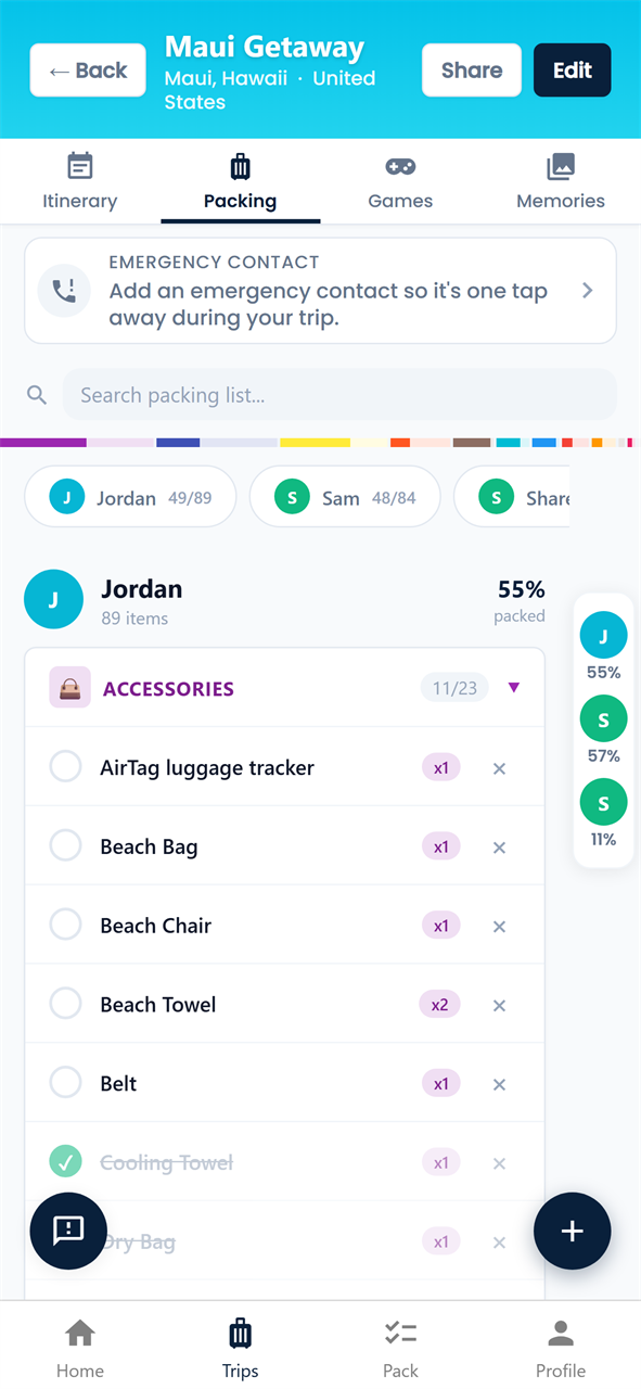 Generated per-traveler packing list with colorful categories and progress